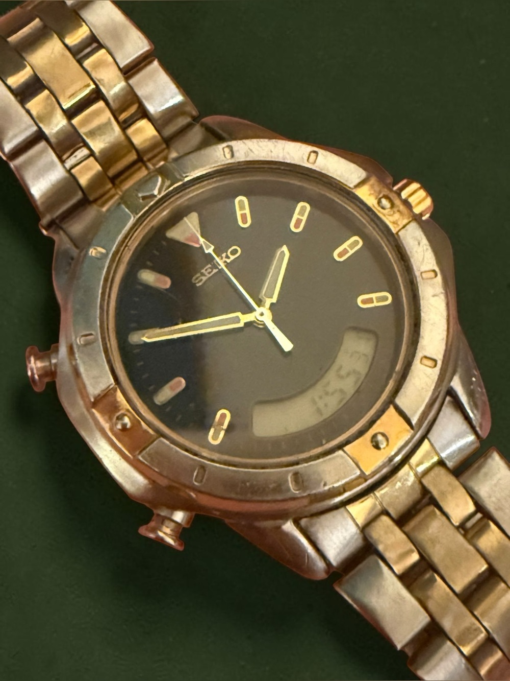 Vintage Seiko H801-7019 Ana-Digi Alarm Chronograph Two-Tone Black Dial Working
